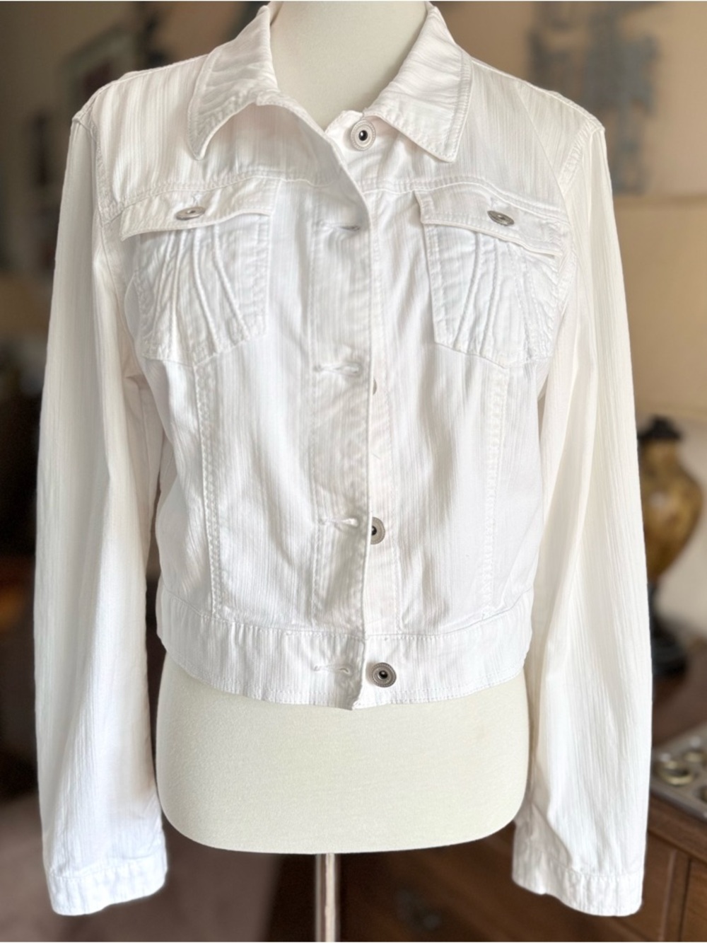 Vintage Tapemeasure by Anthropology Cropped White Jean Jacket - Picture 6 of 16